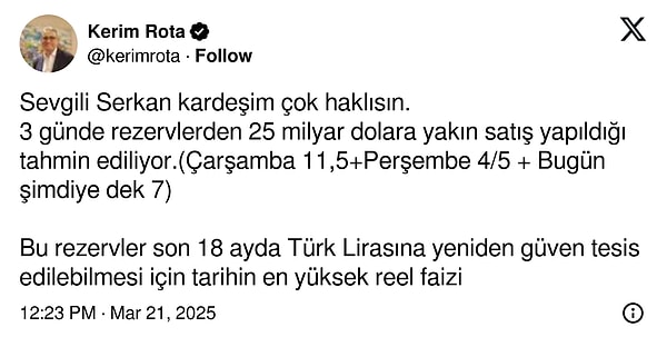 "3 günde rezervlerden 25 milyar dolara yakın satış yapıldığı tahmin ediliyor."