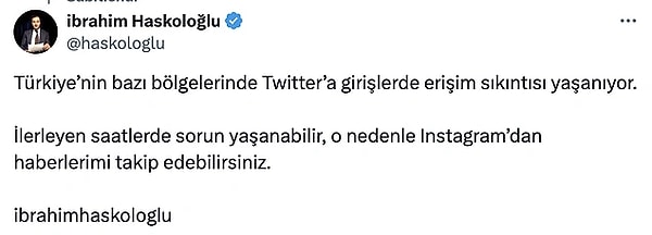 Gazeteci İbrahim Haskoloğlu da diğer kullanıcılar gibi sosyal medyada yavaşlık olduğunu dile getiren isimlerden.