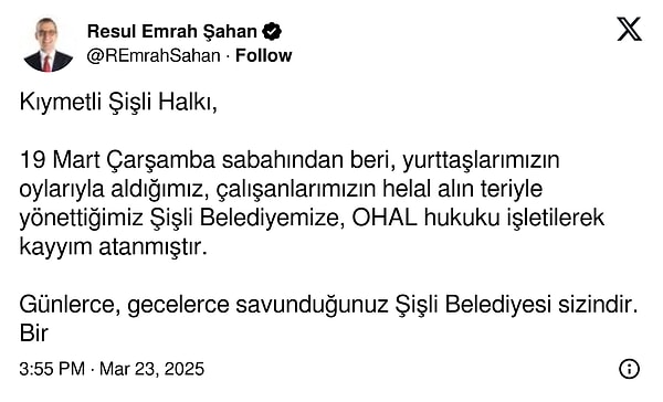 Kayyum atamasının ardından Şahan'dan ilk açıklama geldi.