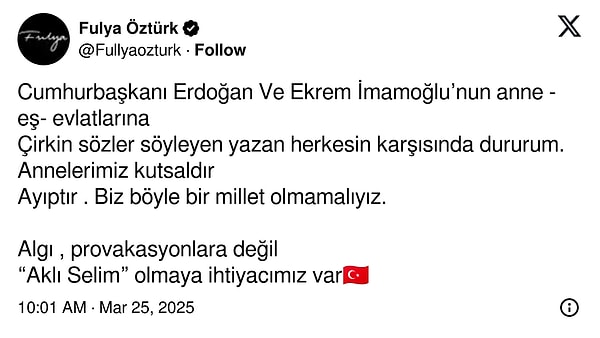 Bunun üzerine yeni bir mesaj daha paylaşmaya karar veren Fulya Öztürk metnini revize etti.