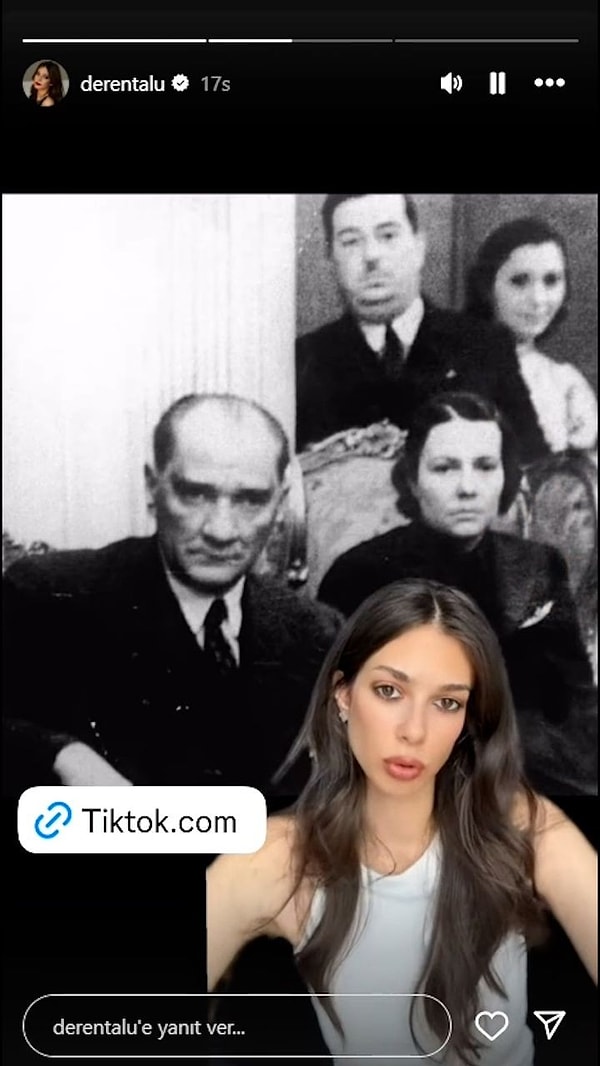 Deren Talu, Mustafa Kemal Atatürk, büyük büyük dedesi Ercüment Ekrem Talu ve Sabiha Gökçen'in bir arada olduğu bir fotoğraf paylaşmıştı. Görseli
