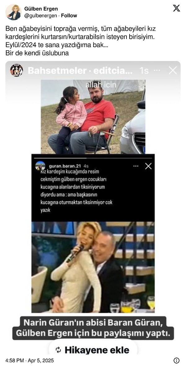 Kendisi hakkında yapılan bu paylaşıma sessiz kalmayan X hesabından "Eylül/2024 te sana yazdığıma bak… Bir de kendi üslubuna" diyerek tepki gösterdi.