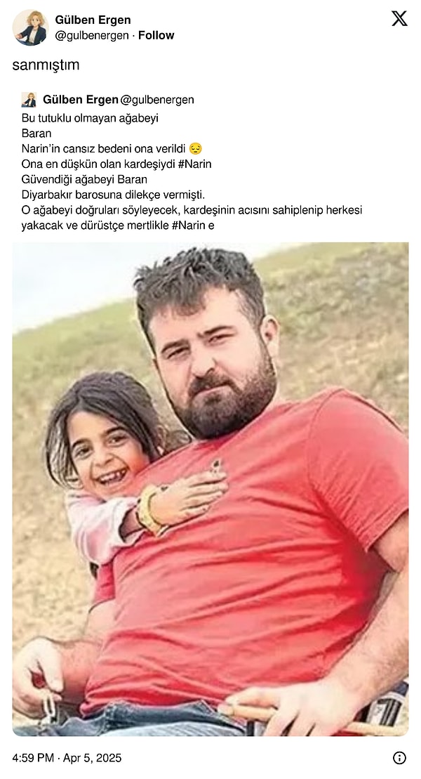 Gülben Ergen bir de aylar önce Baran Güran'la ilgili attığı tweeti alıntılayıp "Sanmıştım" dedi.