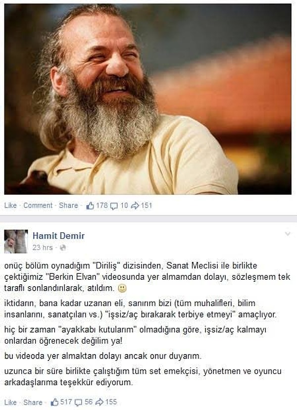 X'te Cem Türktekin, oyuncu Hamit Demir'in Berkin Elvan'ı anma videosunda yer aldığı için Diriliş Ertuğrul'dan çıkarıldığını açıkladı.