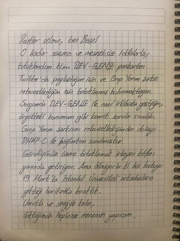 Basel X hesabından bir mektup paylaşarak tutuklanma gerekçesini açıkladı: