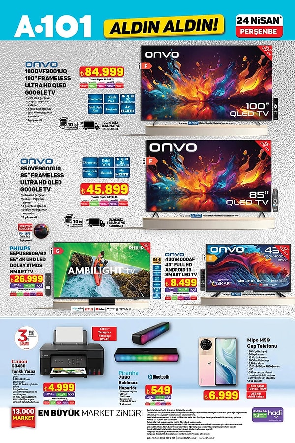 Onvo QLED HD Google TV 84.999 TL