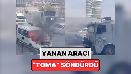 İstanbul'da Yolun Ortasında Alev Alan Aracı Oradan Geçen Bir TOMA Söndürdü