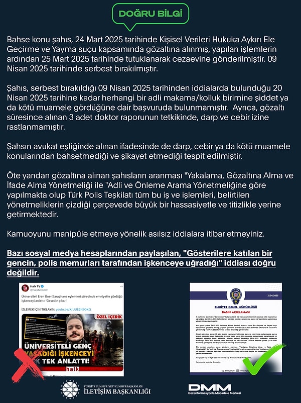 İletişim Başkanlığı da Üner'in iddialarıyla ilgili bir yalanlama yayınladı.
