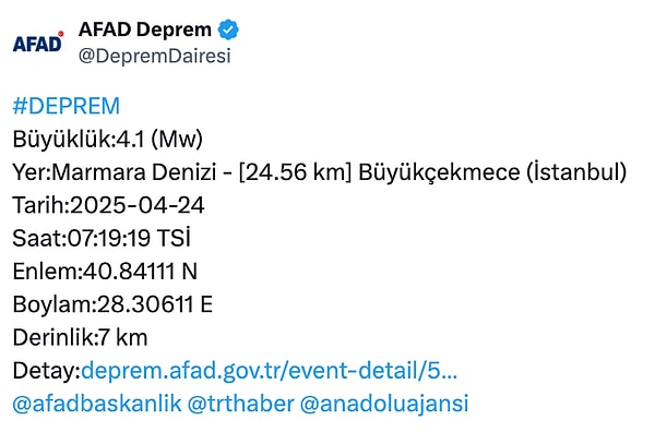 Sabah 07:19'da yine deprem oldu.
