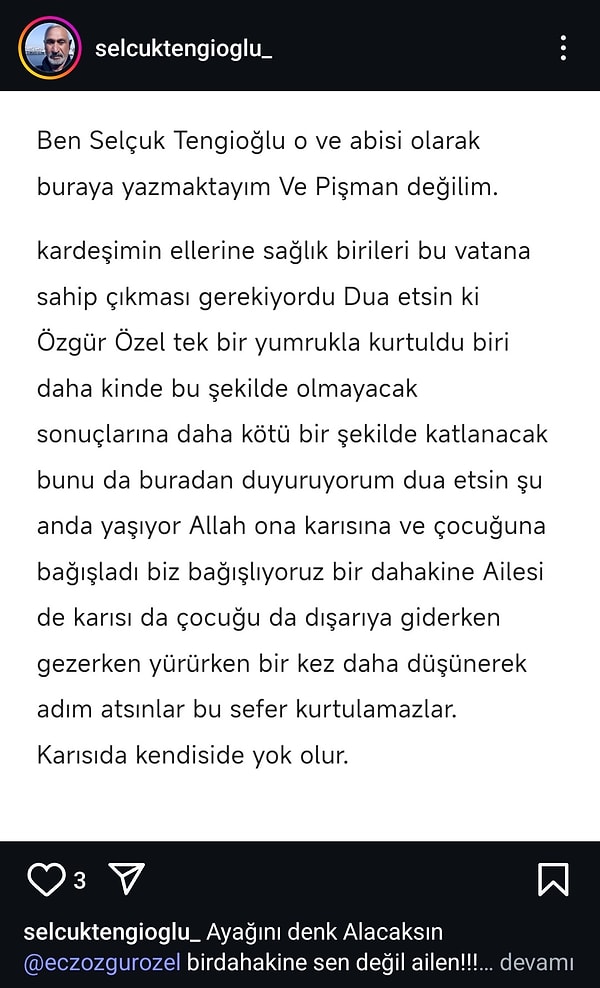 Mart 2025'te Selçuk Tengioğlu adına hesap açıldığı öğrenildi. Sahte hesaptan Özgür Özel'in kızı İpek Özel tehdit edildi. Görseli