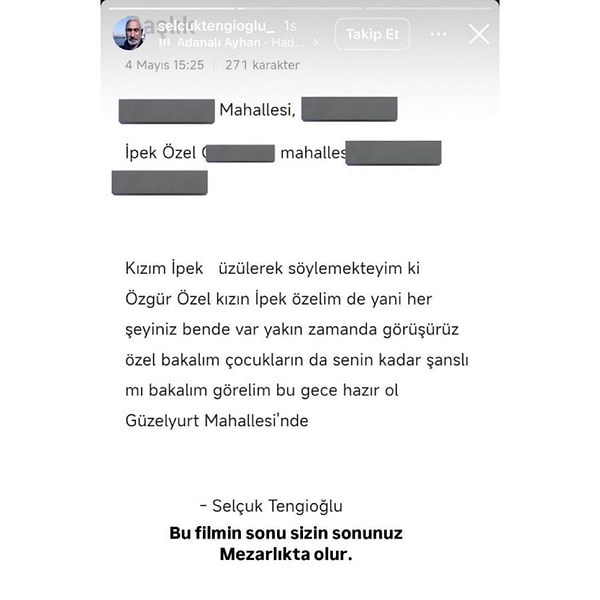 Selçuk Tengioğlu adına yapılan paylaşımda, Özgür Özel'in kızı İpek Özel'in açık adresine yer verildi.