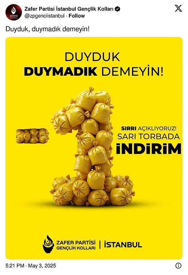 Zafer Partisi İstanbul Gençlik Kolları’nın paylaştığı gönderilere soruşturma açılmıştı.