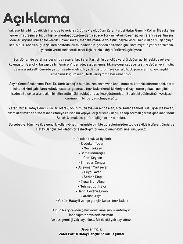 Zafer Partisi Hatay Gençlik Kolları'nın açıklaması 👇