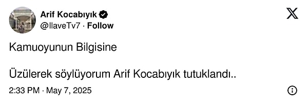 "Arif Kocabıyık Tutuklandı" ifadeleriyle duyuruldu!