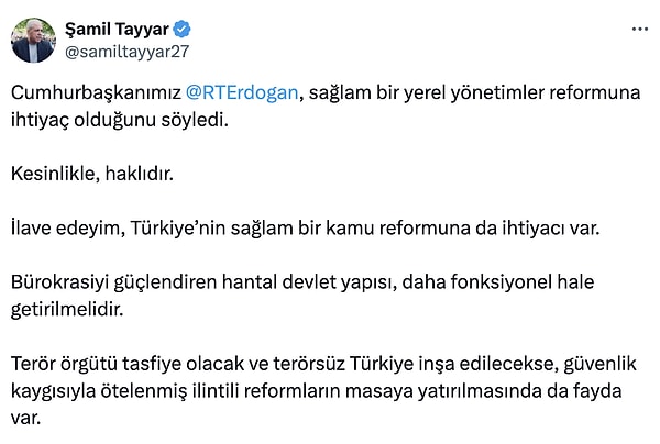 Şamil Tayyar yerel yönetimler konusunda ilçe, belde belediyelerinin kaldırılmasını önerdi. Görseli