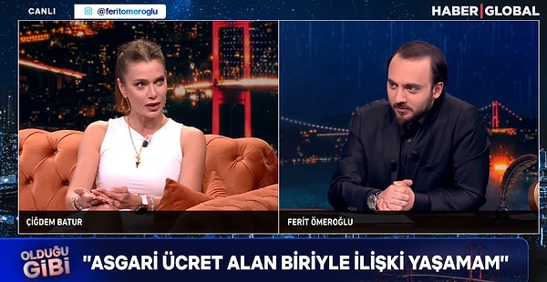 Çiğdem Batur, Ferit Ömeroğlu'nun programına konuk oldu. 'Asgari ücret alan biriyle aşk yaşar mısın?' sorusuna verdiği cevap dikkat çekti. Görseli