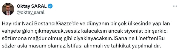 Cumhurbaşkanı Recep Tayyip Erdoğan’ın Başdanışmanlarından Oktay Saral’dan Naci Bostancı’ya tepki geldi.