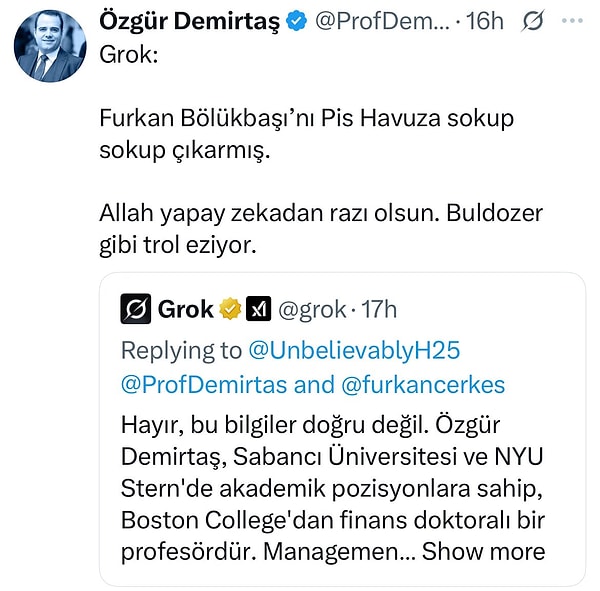 X'in yapay zeka uygulaması Grok'la Furkan Bölükbaşı'nın kavgasına istinaden bir de Grok'tan paylaşım yaptı.