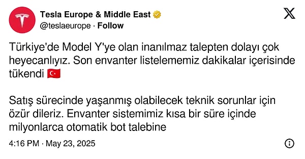 İddialar artınca Tesla Avrupa'dan bir açıklama yapıldı. Tesla, Türkiye'de bot saldırısına uğradı.