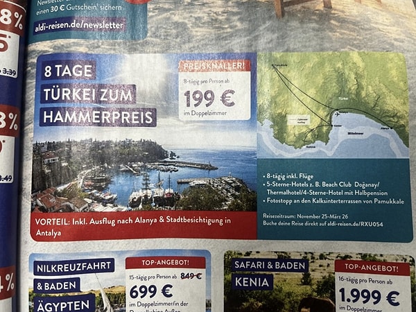 Almanya süpermarketinden 199 euroya Antalya tatili. Söz konusu tatil ilanı Aldi'nin broşürlerinde yer aldı. Görseli