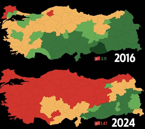 Geo Universe’ün Türkiye haritasında ise 2016’dan bu yana doğurganlık hızında yaşanan düşüş gösterildi.