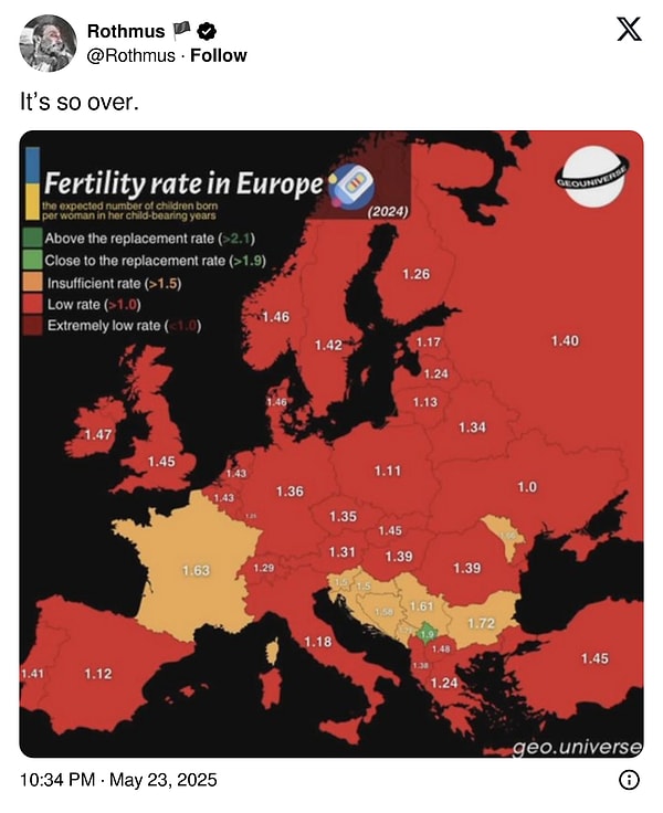 Avrupa'nın doğurganlık hızını gösteren harita X'te gündem oldu: