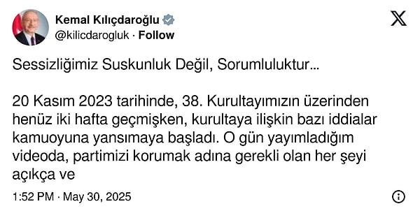 Kemal Kılıçdaroğlu'nun X hesabından yaptığı açıklama şöyle: