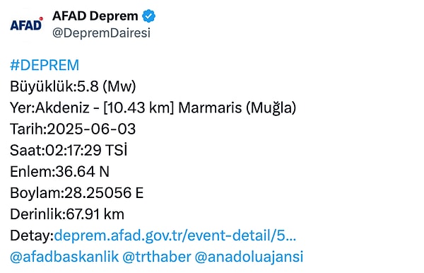 Dün gece Muğla’da saatler saat 02.17’yi gösterdiğinde 5,8 büyüklüğünde bir deprem meydana geldi. Görseli
