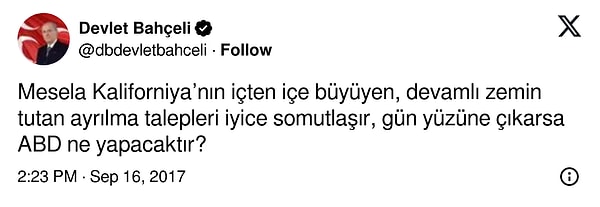 Yaşanan bu olaylar Bahçeli'nin 2017 yılındaki tweet'ini akıllara getirdi. Tweet'te, Görseli