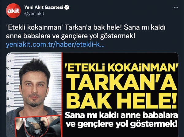 Bir gencin intiharı üzerine Tarkan'ın anne babalara, çocuklarıyla ilgili verdiği "çocuklarınıza sahip çıkın" tavsiyesi de niyeyse Yeni Akit'e batmış. Niye? Kimse bilmiyor.