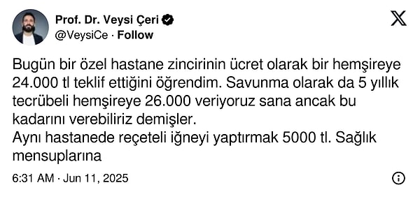 Veysi Çeri de bu durumdan yakındı. Hemşirelere teklif edilen ücretlerden dert yandı. Görseli