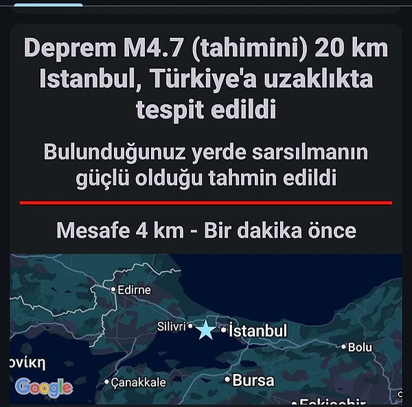 Dün gece saatlerinde telefonlara gelen deprem bildirimi korkuya neden olmuş ve tepki çekmişti. Görseli