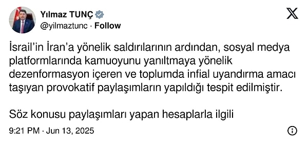 Adalet Bakanı Yılmaz Tunç'un X hesabından yaptığı paylaşım şöyle: Görseli