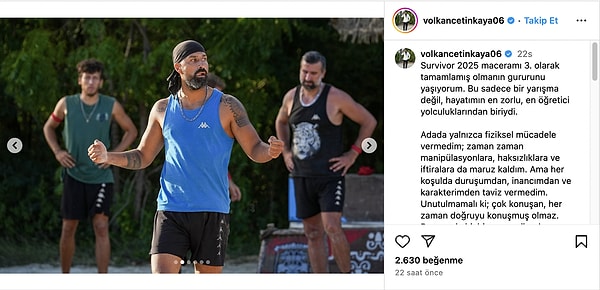 Survivor üçüncüsü Volkan Çetinkaya, iftira ve manipülasyona maruz kaldığını belirten bir paylaşım yaptı.
