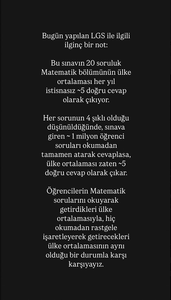 "Hafta sonu gerçekleşen LGS ile ilgili Instagram'da paylaştığım not beklemediğim kadar ilgi gördü. "