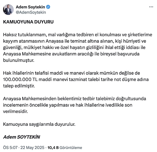Adem Soytekin'in Tutuklama Kararı Ardından Yaptığı Kamuoyu Duyurusu