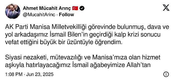 AKP Manisa Milletvekili Ahmet Mücahit Arınç'ın paylaşımı Görseli