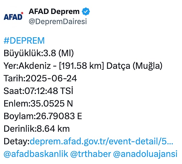Muğla’nın Datça ilçesinde 3.8 büyüklüğünde deprem sabah 07.12’de oldu.