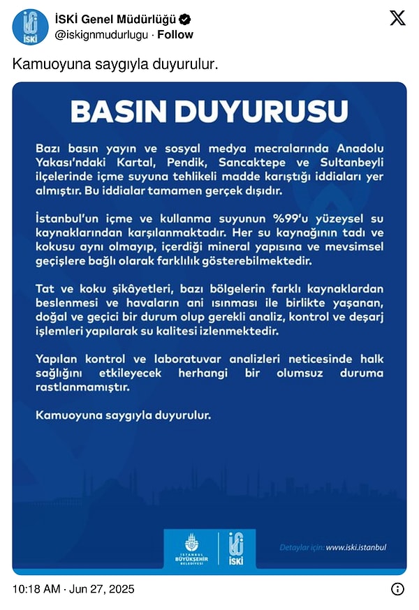 İSKİ: "Havaların ani ısınması ile birlikte yaşanan doğal ve geçici durum."