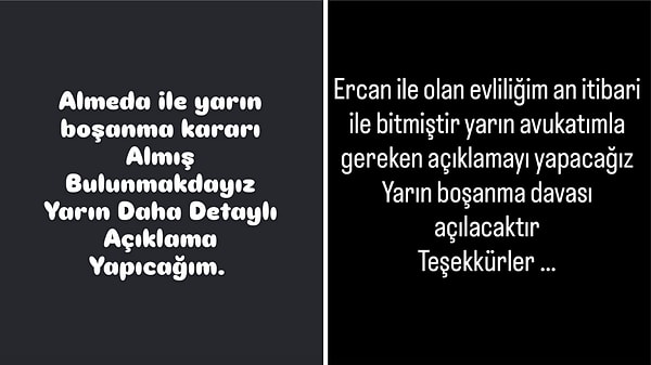 Almeda Baylan ve eşi Ercan Baylan, Instagram hesaplarından boşanacaklarını duyurdu.