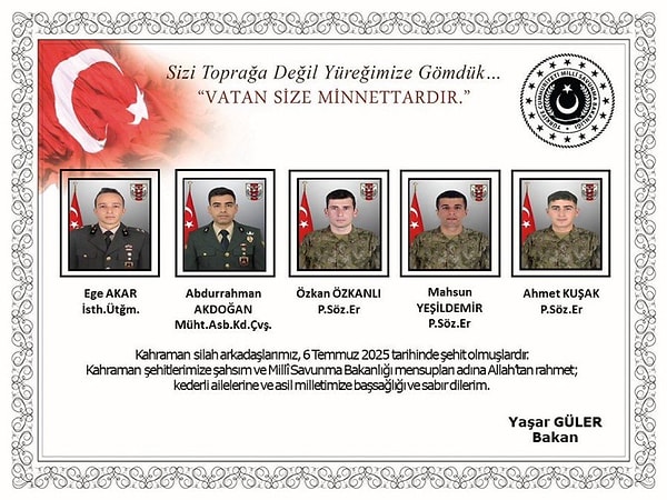 Şehit 5 askerin isimleri belli oldu.
