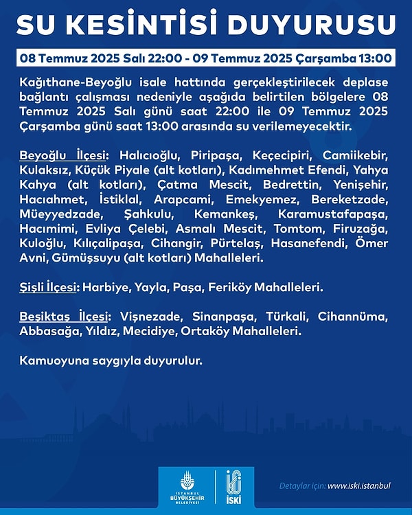 Su kesintisi yapılacak ilçe ve mahalleler: