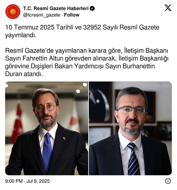 Resmi Gazete'nin X hesabından da paylaşım yapıldı;