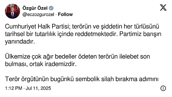 CHP Genel Başkanı Özgür Özel'den PKK'nın silah bırakmasıyla ilgili ilk açıklama: "Partimiz barışın yanındadır."