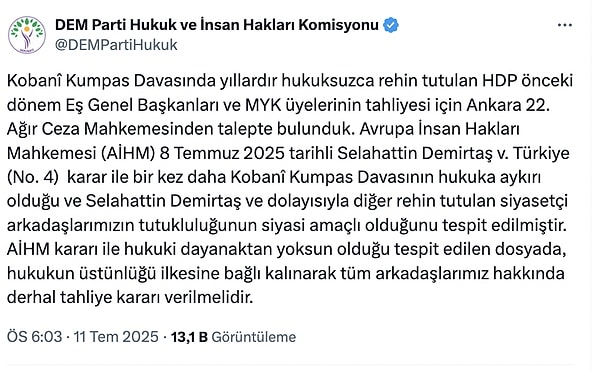 DEM Parti başvurusunu sosyal medyadan da açıkladı: