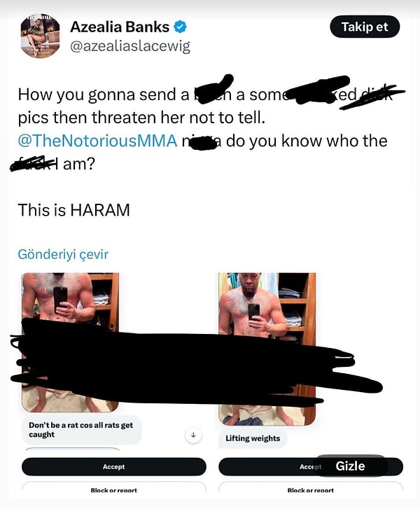 Amerikalı rapçi Azealia Banks, 14 Temmuz günü sosyal medyada Conor McGregor’un kendisine izinsiz “çıplak fotoğraflar” gönderdiğini iddia etti.