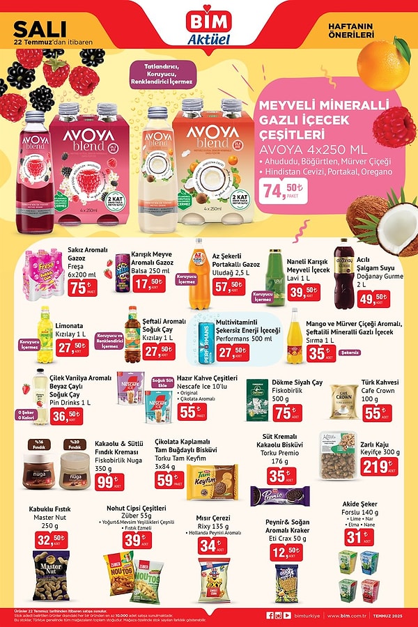 AVOYA Meyveli Mineralli Gazlı İçecek Çeşitleri 4x250 ml 74,50 TL