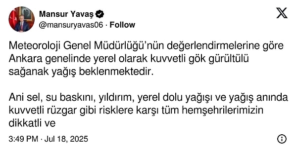Ankara Büyükşehir Belediye Başkanı Mansur Yavaş, yağışa dair uyarıda bulundu:
