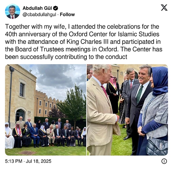 Eski Cumhurbaşkanı Abdullah Gül, Kral Charles ile fotoğraflarını X hesabından paylaştı.