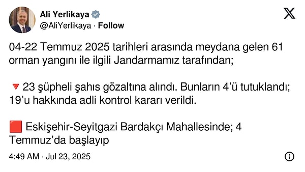 Ali Yerlikaya’nın paylaşımı 👇